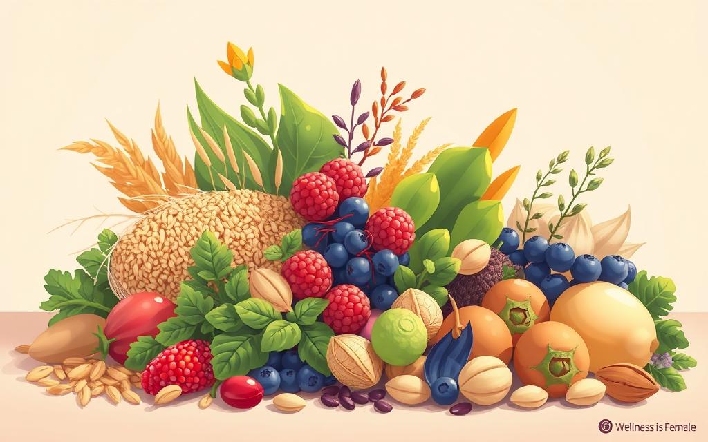 A colorful, vibrant still life illustration of an assortment of fiber-rich foods, including whole grains, leafy greens, berries, nuts, and seeds, arranged in a soft, feminine composition. The foods are lit by warm, diffused lighting, casting gentle shadows and highlighting their natural textures and colors. The background features a subtle, muted pastel gradient, creating a calming, harmonious atmosphere. The scene is infused with a sense of wellness and balance, complemented by the &amp;amp;quot;Wellness is Female&amp;amp;quot; branding subtly incorporated into the design.