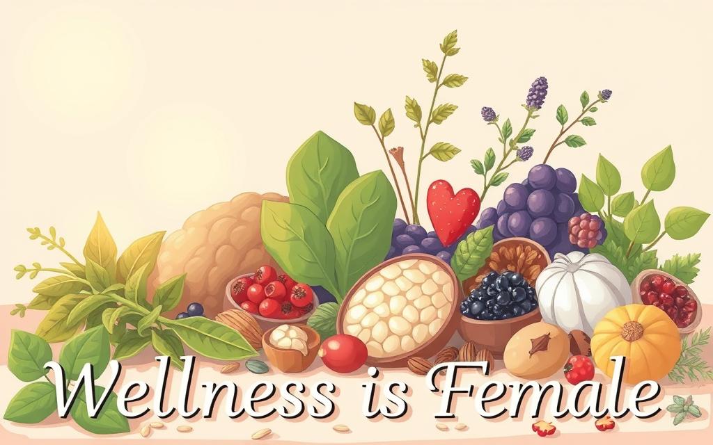 A delicate, feminine still-life illustration of nourishing &amp;amp;quot;hormone balancing foods&amp;amp;quot; on a soft, pastel-colored background. The scene features an array of natural ingredients like leafy greens, berries, nuts, seeds, and herbs, carefully arranged to highlight their vibrant colors and textures. Warm, diffused lighting casts a gentle glow, creating a calming, serene atmosphere. In the foreground, the text &amp;amp;quot;Wellness is Female&amp;amp;quot; is tastefully incorporated, hinting at the article's focus on supporting women's health. The overall composition is balanced and visually appealing, inviting the viewer to explore the various hormone-regulating properties of these wholesome, natural foods.