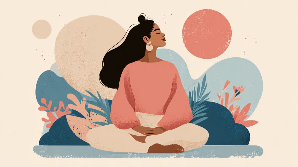 A serene, feminine illustration of a woman in deep self-connection. In the foreground, a figure sits cross-legged, her eyes closed and expression peaceful, radiating an aura of tranquility. Surrounding her, soft, flowing colors in pastel shades of pink, lavender, and mint create a dreamlike, nurturing atmosphere. In the background, delicate floral motifs and abstract shapes suggest a sense of wholeness and inner harmony. Overhead, the "Wellness is Female" logo hovers gently, reinforcing the message of self-care and self-acceptance. The overall mood is one of introspection, self-love, and the rejuvenating power of embracing one's true self.