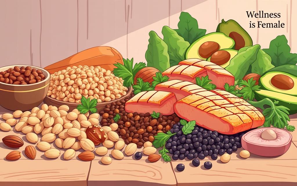 A still life illustration featuring an assortment of protein-rich foods arranged on a wooden table, bathed in soft, feminine lighting. In the foreground, a variety of nuts, seeds, and legumes such as almonds, walnuts, chickpeas, and lentils are scattered. In the middle ground, lean meats like grilled chicken and salmon fillets are elegantly presented. The background showcases leafy greens, avocados, and other nutrient-dense produce. The overall mood is warm, earthy, and inviting. &amp;amp;quot;Wellness is Female&amp;amp;quot; appears as a subtle brand mark in the corner.