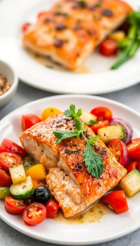 Mediterranean Baked Salmon recipe with Colorful Vegetables, the plates is looking delicious