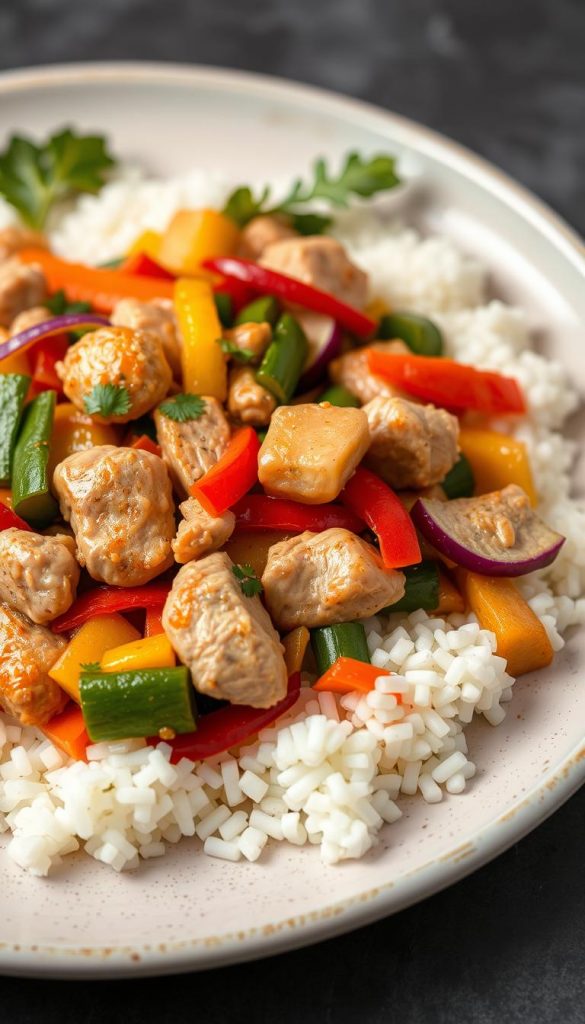 Turkey and Rainbow Vegetable Stir-Fry plate, delicious looking, studio photo