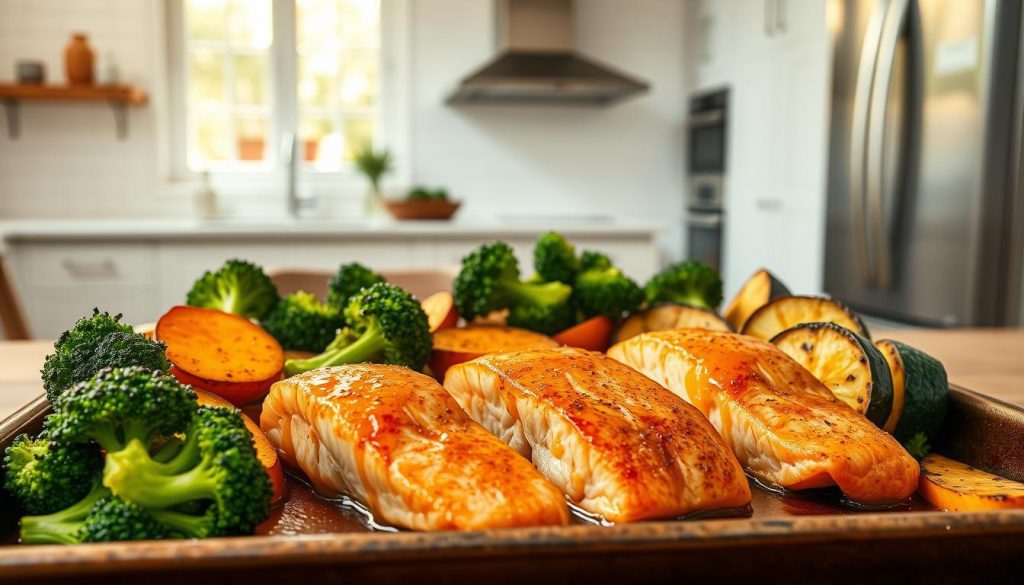 salmon and vegetable sheet pan dinner